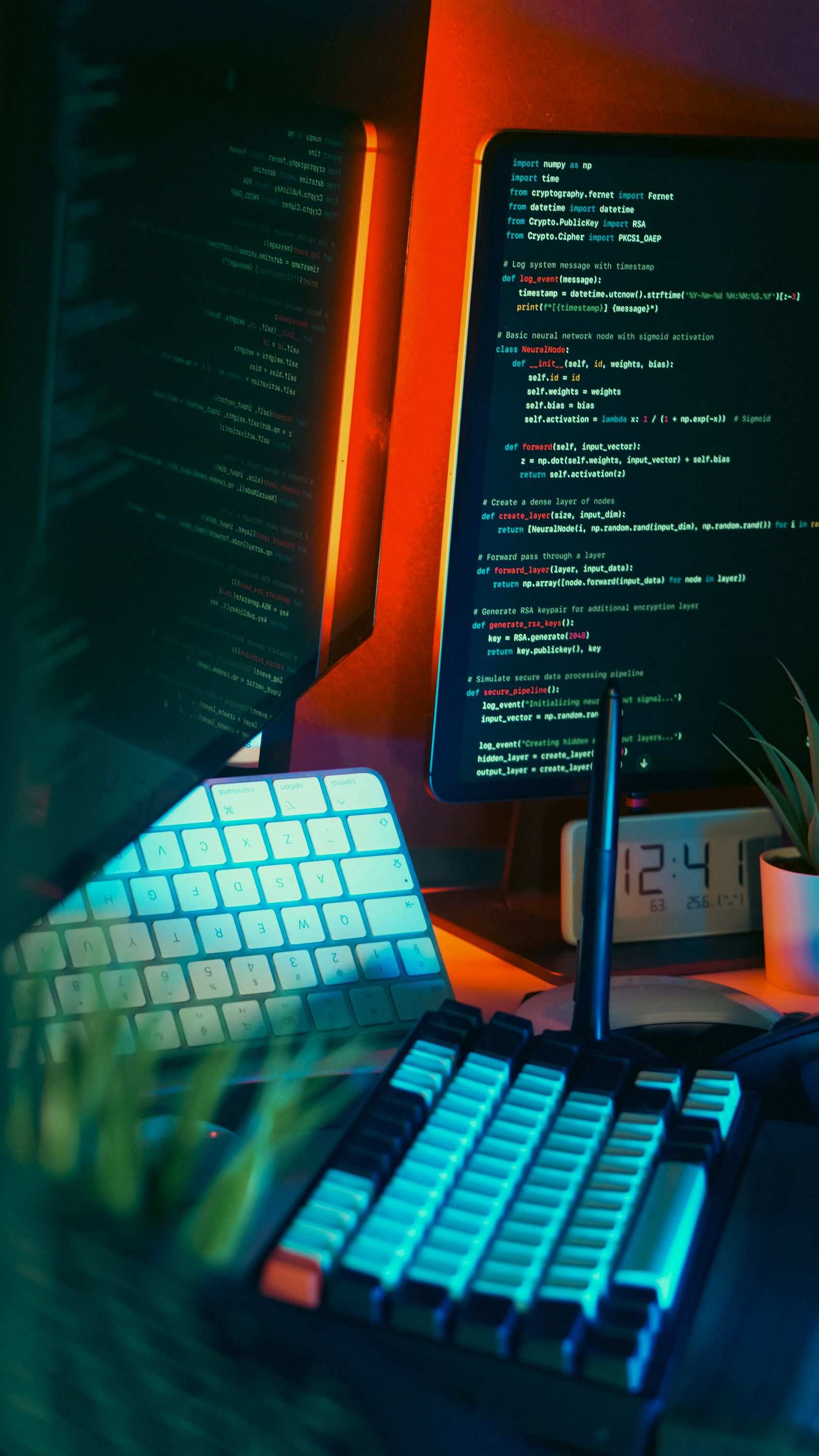 Backlit keyboard and code on a screen during an evening work session