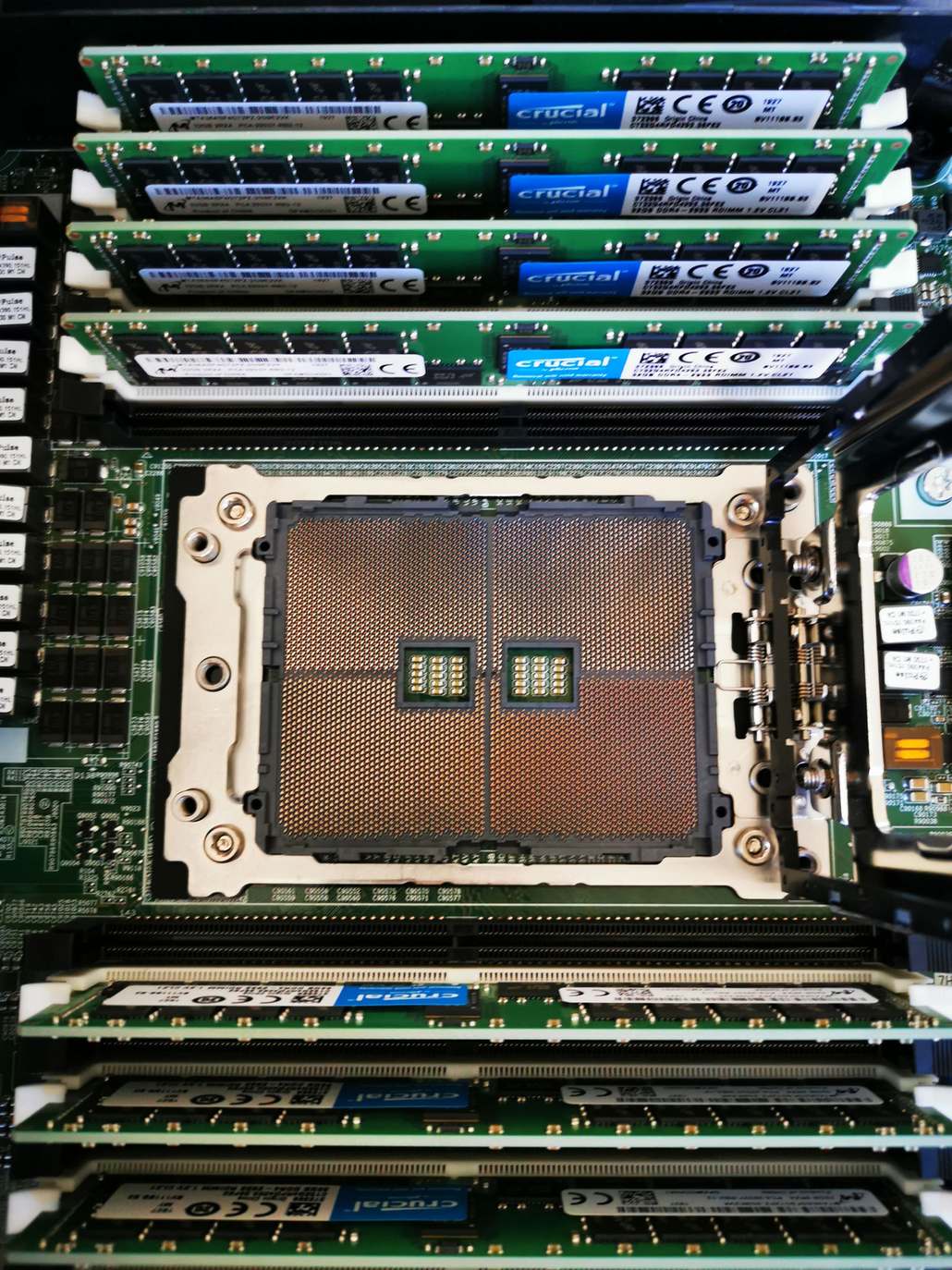 Close-up of a computer server processor and RAM assembly in a data hall